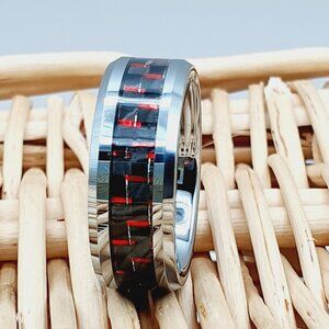 Unisex Tungsten Carbide Ring with Red Carbon Fiber Inlay W205